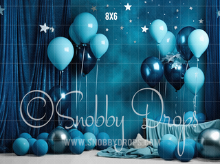 Blue Stars and Balloons Cake Smash Fabric Backdrop-Fabric Photography Backdrop-Snobby Drops Fabric Backdrops for Photography, Exclusive Designs by Tara Mapes Photography, Enchanted Eye Creations by Tara Mapes, photography backgrounds, photography backdrops, fast shipping, US backdrops, cheap photography backdrops