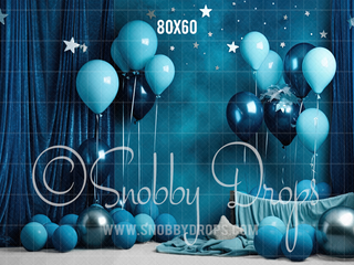 Blue Stars and Balloons Cake Smash Fabric Backdrop-Fabric Photography Backdrop-Snobby Drops Fabric Backdrops for Photography, Exclusive Designs by Tara Mapes Photography, Enchanted Eye Creations by Tara Mapes, photography backgrounds, photography backdrops, fast shipping, US backdrops, cheap photography backdrops