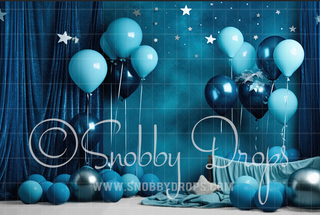 Blue Stars and Balloons Cake Smash Fabric Backdrop-Fabric Photography Backdrop-Snobby Drops Fabric Backdrops for Photography, Exclusive Designs by Tara Mapes Photography, Enchanted Eye Creations by Tara Mapes, photography backgrounds, photography backdrops, fast shipping, US backdrops, cheap photography backdrops