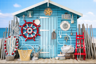 Blue Surf Beach Shack Fabric Backdrop-Fabric Photography Backdrop-Snobby Drops Fabric Backdrops for Photography, Exclusive Designs by Tara Mapes Photography, Enchanted Eye Creations by Tara Mapes, photography backgrounds, photography backdrops, fast shipping, US backdrops, cheap photography backdrops