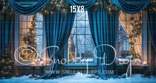 Blue Winter Christmas Window Fabric Backdrop-Fabric Photography Backdrop-Snobby Drops Fabric Backdrops for Photography, Exclusive Designs by Tara Mapes Photography, Enchanted Eye Creations by Tara Mapes, photography backgrounds, photography backdrops, fast shipping, US backdrops, cheap photography backdrops