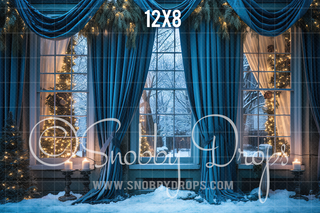 Blue Winter Christmas Window Fabric Backdrop-Fabric Photography Backdrop-Snobby Drops Fabric Backdrops for Photography, Exclusive Designs by Tara Mapes Photography, Enchanted Eye Creations by Tara Mapes, photography backgrounds, photography backdrops, fast shipping, US backdrops, cheap photography backdrops