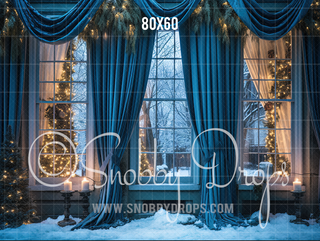 Blue Winter Christmas Window Fabric Backdrop-Fabric Photography Backdrop-Snobby Drops Fabric Backdrops for Photography, Exclusive Designs by Tara Mapes Photography, Enchanted Eye Creations by Tara Mapes, photography backgrounds, photography backdrops, fast shipping, US backdrops, cheap photography backdrops