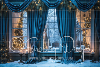 Blue Winter Christmas Window Fabric Backdrop-Fabric Photography Backdrop-Snobby Drops Fabric Backdrops for Photography, Exclusive Designs by Tara Mapes Photography, Enchanted Eye Creations by Tara Mapes, photography backgrounds, photography backdrops, fast shipping, US backdrops, cheap photography backdrops