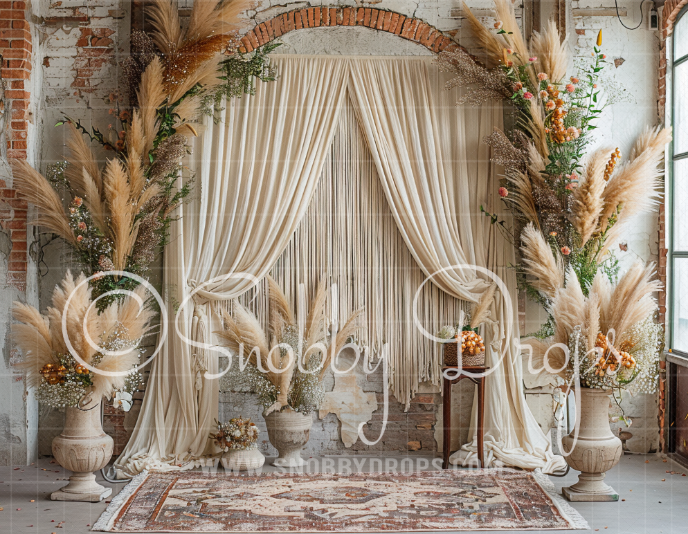 Snobby Boho Room of Pampas Fabric Backdrop exclusive at Snobby Drops