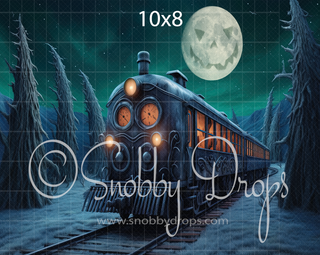 Boo Choo Dark Christmas Train Halloween Fabric Backdrop-Fabric Photography Backdrop-Snobby Drops Fabric Backdrops for Photography, Exclusive Designs by Tara Mapes Photography, Enchanted Eye Creations by Tara Mapes, photography backgrounds, photography backdrops, fast shipping, US backdrops, cheap photography backdrops