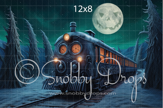 Boo Choo Dark Christmas Train Halloween Fabric Backdrop-Fabric Photography Backdrop-Snobby Drops Fabric Backdrops for Photography, Exclusive Designs by Tara Mapes Photography, Enchanted Eye Creations by Tara Mapes, photography backgrounds, photography backdrops, fast shipping, US backdrops, cheap photography backdrops