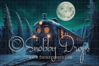 Boo Choo Dark Christmas Train Halloween Fabric Backdrop-Fabric Photography Backdrop-Snobby Drops Fabric Backdrops for Photography, Exclusive Designs by Tara Mapes Photography, Enchanted Eye Creations by Tara Mapes, photography backgrounds, photography backdrops, fast shipping, US backdrops, cheap photography backdrops