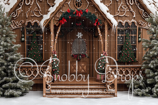 Brown Gingerbread Porch Fabric Backdrop-Fabric Photography Backdrop-Snobby Drops Fabric Backdrops for Photography, Exclusive Designs by Tara Mapes Photography, Enchanted Eye Creations by Tara Mapes, photography backgrounds, photography backdrops, fast shipping, US backdrops, cheap photography backdrops