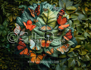 Butterflies on Leaves Fabric Wee Drop-Fabric Photography Backdrop-Snobby Drops Fabric Backdrops for Photography, Exclusive Designs by Tara Mapes Photography, Enchanted Eye Creations by Tara Mapes, photography backgrounds, photography backdrops, fast shipping, US backdrops, cheap photography backdrops