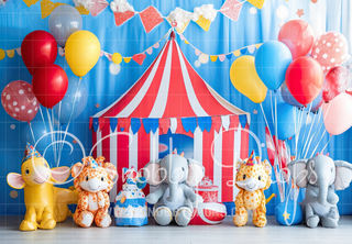 Cake Smash Circus Tent and Animals Fabric Backdrop-Fabric Photography Backdrop-Snobby Drops Fabric Backdrops for Photography, Exclusive Designs by Tara Mapes Photography, Enchanted Eye Creations by Tara Mapes, photography backgrounds, photography backdrops, fast shipping, US backdrops, cheap photography backdrops