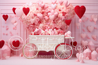 Candy and Hearts Cart Valentine Fabric Backdrop-Fabric Photography Backdrop-Snobby Drops Fabric Backdrops for Photography, Exclusive Designs by Tara Mapes Photography, Enchanted Eye Creations by Tara Mapes, photography backgrounds, photography backdrops, fast shipping, US backdrops, cheap photography backdrops