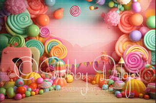 Candy Land Cake Smash Fabric Tot Drop-Fabric Photography Backdrop-Snobby Drops Fabric Backdrops for Photography, Exclusive Designs by Tara Mapes Photography, Enchanted Eye Creations by Tara Mapes, photography backgrounds, photography backdrops, fast shipping, US backdrops, cheap photography backdrops