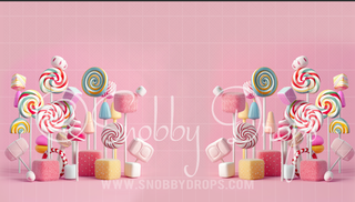 Candy on Pink Background Fabric Backdrop-Fabric Photography Backdrop-Snobby Drops Fabric Backdrops for Photography, Exclusive Designs by Tara Mapes Photography, Enchanted Eye Creations by Tara Mapes, photography backgrounds, photography backdrops, fast shipping, US backdrops, cheap photography backdrops