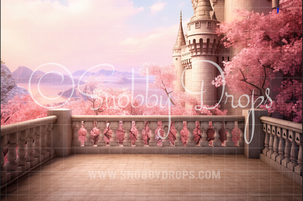 Castle Cherry Blossom Balcony Fabric Backdrop
