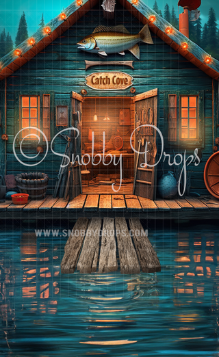 Catch Cove Fishing Hut Fabric Backdrop Sweep-Fabric Photography Sweep-Snobby Drops Fabric Backdrops for Photography, Exclusive Designs by Tara Mapes Photography, Enchanted Eye Creations by Tara Mapes, photography backgrounds, photography backdrops, fast shipping, US backdrops, cheap photography backdrops