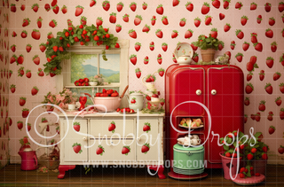 Charming Strawberry Kitchen Fabric Backdrop-Fabric Photography Backdrop-Snobby Drops Fabric Backdrops for Photography, Exclusive Designs by Tara Mapes Photography, Enchanted Eye Creations by Tara Mapes, photography backgrounds, photography backdrops, fast shipping, US backdrops, cheap photography backdrops