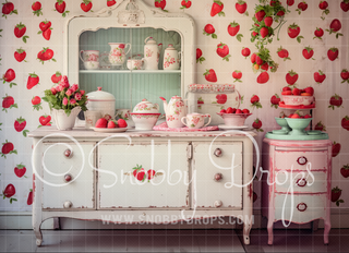 Charming Vintage Strawberry Kitchen Fabric Backdrop-Fabric Photography Backdrop-Snobby Drops Fabric Backdrops for Photography, Exclusive Designs by Tara Mapes Photography, Enchanted Eye Creations by Tara Mapes, photography backgrounds, photography backdrops, fast shipping, US backdrops, cheap photography backdrops