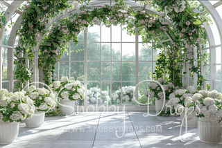 Charming White Greenhouse Fabric Backdrop-Fabric Photography Backdrop-Snobby Drops Fabric Backdrops for Photography, Exclusive Designs by Tara Mapes Photography, Enchanted Eye Creations by Tara Mapes, photography backgrounds, photography backdrops, fast shipping, US backdrops, cheap photography backdrops