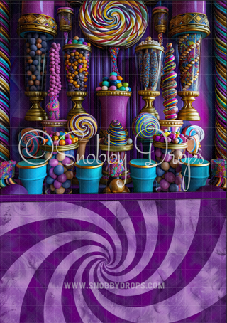 Chocolate Factory Candy Shop Fabric Backdrop Wee Sweep-Fabric Photography Backdrop-Snobby Drops Fabric Backdrops for Photography, Exclusive Designs by Tara Mapes Photography, Enchanted Eye Creations by Tara Mapes, photography backgrounds, photography backdrops, fast shipping, US backdrops, cheap photography backdrops