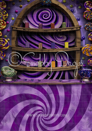 Chocolate Factory Candy Shelves Fabric Backdrop Wee Sweep-Fabric Photography Backdrop-Snobby Drops Fabric Backdrops for Photography, Exclusive Designs by Tara Mapes Photography, Enchanted Eye Creations by Tara Mapes, photography backgrounds, photography backdrops, fast shipping, US backdrops, cheap photography backdrops