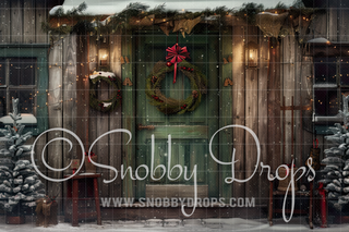 Christmas Cabin with Green Door Fabric Backdrop-Fabric Photography Backdrop-Snobby Drops Fabric Backdrops for Photography, Exclusive Designs by Tara Mapes Photography, Enchanted Eye Creations by Tara Mapes, photography backgrounds, photography backdrops, fast shipping, US backdrops, cheap photography backdrops