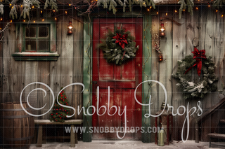 Christmas Cabin with Red Door Fabric Backdrop-Fabric Photography Backdrop-Snobby Drops Fabric Backdrops for Photography, Exclusive Designs by Tara Mapes Photography, Enchanted Eye Creations by Tara Mapes, photography backgrounds, photography backdrops, fast shipping, US backdrops, cheap photography backdrops