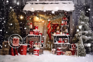 Snowy Christmas Cocoa Cabin Fabric Backdrop-Fabric Photography Backdrop-Snobby Drops Fabric Backdrops for Photography, Exclusive Designs by Tara Mapes Photography, Enchanted Eye Creations by Tara Mapes, photography backgrounds, photography backdrops, fast shipping, US backdrops, cheap photography backdrops