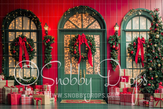 Christmas Doors Fabric Backdrop-Fabric Photography Backdrop-Snobby Drops Fabric Backdrops for Photography, Exclusive Designs by Tara Mapes Photography, Enchanted Eye Creations by Tara Mapes, photography backgrounds, photography backdrops, fast shipping, US backdrops, cheap photography backdrops