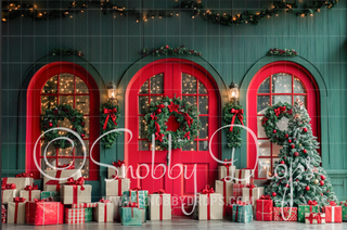 Christmas Doors Fabric Backdrop-Fabric Photography Backdrop-Snobby Drops Fabric Backdrops for Photography, Exclusive Designs by Tara Mapes Photography, Enchanted Eye Creations by Tara Mapes, photography backgrounds, photography backdrops, fast shipping, US backdrops, cheap photography backdrops