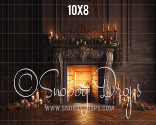 Leather and Pine Christmas Fireplace Mantle Fabric Backdrop-Fabric Photography Backdrop-Snobby Drops Fabric Backdrops for Photography, Exclusive Designs by Tara Mapes Photography, Enchanted Eye Creations by Tara Mapes, photography backgrounds, photography backdrops, fast shipping, US backdrops, cheap photography backdrops