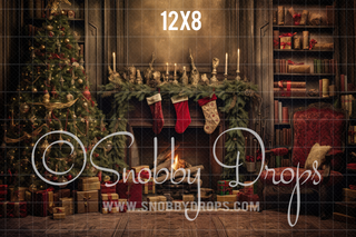 Cozy Books Christmas Fireplace Mantle Fabric Backdrop-Fabric Photography Backdrop-Snobby Drops Fabric Backdrops for Photography, Exclusive Designs by Tara Mapes Photography, Enchanted Eye Creations by Tara Mapes, photography backgrounds, photography backdrops, fast shipping, US backdrops, cheap photography backdrops