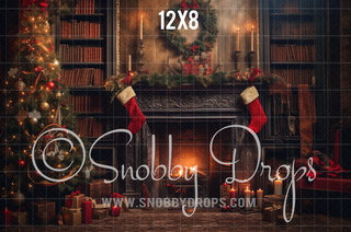 Christmas Fireplace Mantle Library Fabric Backdrop-Fabric Photography Backdrop-Snobby Drops Fabric Backdrops for Photography, Exclusive Designs by Tara Mapes Photography, Enchanted Eye Creations by Tara Mapes, photography backgrounds, photography backdrops, fast shipping, US backdrops, cheap photography backdrops