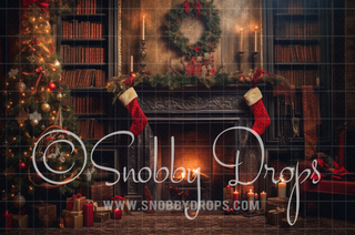 Christmas Fireplace Mantle Library Fabric Backdrop-Fabric Photography Backdrop-Snobby Drops Fabric Backdrops for Photography, Exclusive Designs by Tara Mapes Photography, Enchanted Eye Creations by Tara Mapes, photography backgrounds, photography backdrops, fast shipping, US backdrops, cheap photography backdrops