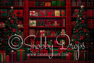 Christmas Gift Shelves Fabric Backdrop-Fabric Photography Backdrop-Snobby Drops Fabric Backdrops for Photography, Exclusive Designs by Tara Mapes Photography, Enchanted Eye Creations by Tara Mapes, photography backgrounds, photography backdrops, fast shipping, US backdrops, cheap photography backdrops