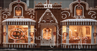 Christmas Gingerbread Shop Storefront Fabric Backdrop-Fabric Photography Backdrop-Snobby Drops Fabric Backdrops for Photography, Exclusive Designs by Tara Mapes Photography, Enchanted Eye Creations by Tara Mapes, photography backgrounds, photography backdrops, fast shipping, US backdrops, cheap photography backdrops