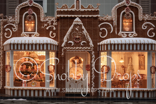 Christmas Gingerbread Shop Storefront Fabric Backdrop-Fabric Photography Backdrop-Snobby Drops Fabric Backdrops for Photography, Exclusive Designs by Tara Mapes Photography, Enchanted Eye Creations by Tara Mapes, photography backgrounds, photography backdrops, fast shipping, US backdrops, cheap photography backdrops