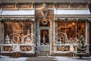 Christmas Gingerbread Shop Storefront Fabric Backdrop-Fabric Photography Backdrop-Snobby Drops Fabric Backdrops for Photography, Exclusive Designs by Tara Mapes Photography, Enchanted Eye Creations by Tara Mapes, photography backgrounds, photography backdrops, fast shipping, US backdrops, cheap photography backdrops