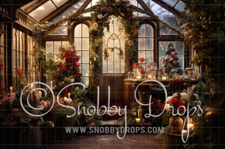 Christmas Greenhouse Fabric Backdrop-Fabric Photography Backdrop-Snobby Drops Fabric Backdrops for Photography, Exclusive Designs by Tara Mapes Photography, Enchanted Eye Creations by Tara Mapes, photography backgrounds, photography backdrops, fast shipping, US backdrops, cheap photography backdrops