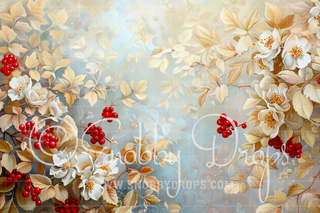 Christmas Holly and Gold Painterly Fine Art Fabric Backdrop Sweep-Fabric Photography Sweep-Snobby Drops Fabric Backdrops for Photography, Exclusive Designs by Tara Mapes Photography, Enchanted Eye Creations by Tara Mapes, photography backgrounds, photography backdrops, fast shipping, US backdrops, cheap photography backdrops