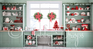 Christmas Kitchen Fabric Backdrop-Fabric Photography Backdrop-Snobby Drops Fabric Backdrops for Photography, Exclusive Designs by Tara Mapes Photography, Enchanted Eye Creations by Tara Mapes, photography backgrounds, photography backdrops, fast shipping, US backdrops, cheap photography backdrops