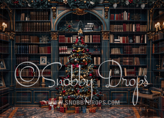 Christmas Library Fabric Backdrop-Fabric Photography Backdrop-Snobby Drops Fabric Backdrops for Photography, Exclusive Designs by Tara Mapes Photography, Enchanted Eye Creations by Tara Mapes, photography backgrounds, photography backdrops, fast shipping, US backdrops, cheap photography backdrops