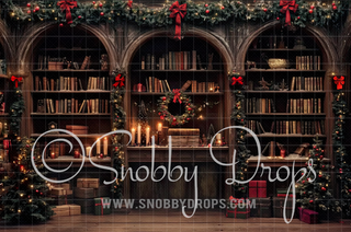 Christmas Library Fabric Backdrop-Fabric Photography Backdrop-Snobby Drops Fabric Backdrops for Photography, Exclusive Designs by Tara Mapes Photography, Enchanted Eye Creations by Tara Mapes, photography backgrounds, photography backdrops, fast shipping, US backdrops, cheap photography backdrops