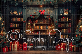 Christmas Library Fabric Backdrop-Fabric Photography Backdrop-Snobby Drops Fabric Backdrops for Photography, Exclusive Designs by Tara Mapes Photography, Enchanted Eye Creations by Tara Mapes, photography backgrounds, photography backdrops, fast shipping, US backdrops, cheap photography backdrops