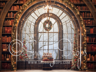 Christmas Library Fabric Backdrop-Fabric Photography Backdrop-Snobby Drops Fabric Backdrops for Photography, Exclusive Designs by Tara Mapes Photography, Enchanted Eye Creations by Tara Mapes, photography backgrounds, photography backdrops, fast shipping, US backdrops, cheap photography backdrops