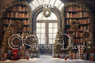 Christmas Library Fabric Backdrop-Fabric Photography Backdrop-Snobby Drops Fabric Backdrops for Photography, Exclusive Designs by Tara Mapes Photography, Enchanted Eye Creations by Tara Mapes, photography backgrounds, photography backdrops, fast shipping, US backdrops, cheap photography backdrops