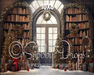 Christmas Library Fabric Backdrop-Fabric Photography Backdrop-Snobby Drops Fabric Backdrops for Photography, Exclusive Designs by Tara Mapes Photography, Enchanted Eye Creations by Tara Mapes, photography backgrounds, photography backdrops, fast shipping, US backdrops, cheap photography backdrops