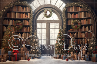 Christmas Library Fabric Backdrop-Fabric Photography Backdrop-Snobby Drops Fabric Backdrops for Photography, Exclusive Designs by Tara Mapes Photography, Enchanted Eye Creations by Tara Mapes, photography backgrounds, photography backdrops, fast shipping, US backdrops, cheap photography backdrops