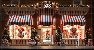 Christmas Peppermint Shop Storefront Fabric Backdrop-Fabric Photography Backdrop-Snobby Drops Fabric Backdrops for Photography, Exclusive Designs by Tara Mapes Photography, Enchanted Eye Creations by Tara Mapes, photography backgrounds, photography backdrops, fast shipping, US backdrops, cheap photography backdrops