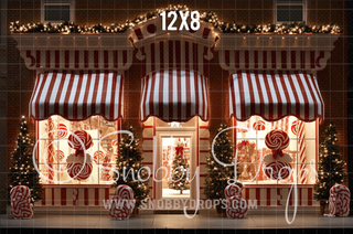 Christmas Peppermint Shop Storefront Fabric Backdrop-Fabric Photography Backdrop-Snobby Drops Fabric Backdrops for Photography, Exclusive Designs by Tara Mapes Photography, Enchanted Eye Creations by Tara Mapes, photography backgrounds, photography backdrops, fast shipping, US backdrops, cheap photography backdrops